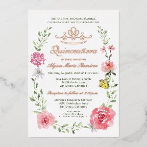 Luxe floral pink Butterflies Tiara Quinceañera Foil