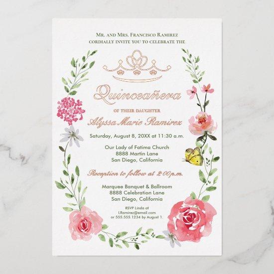Luxe floral pink Butterflies Tiara Quinceañera Foil