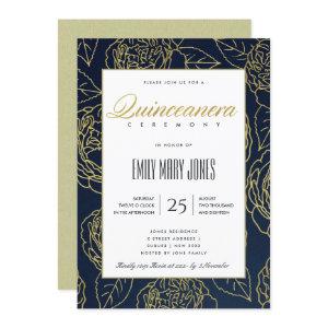 LUXE NAVY GOLD ELEGANT ROSE FLORAL QUINCEANERA