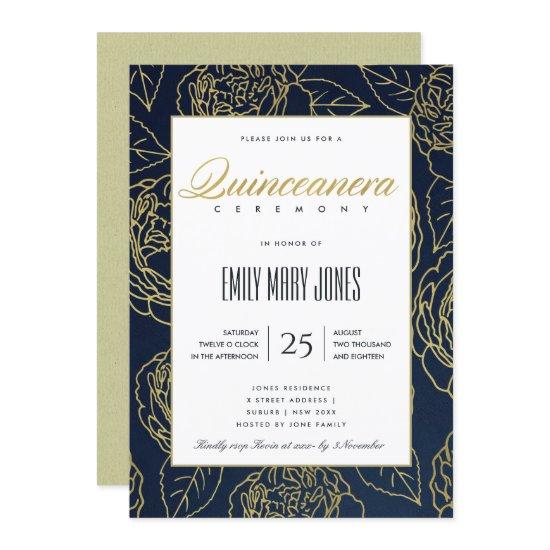 LUXE NAVY GOLD ELEGANT ROSE FLORAL QUINCEANERA
