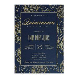 LUXE NAVY GOLD ELEGANT ROSE FLORAL QUINCEANERA