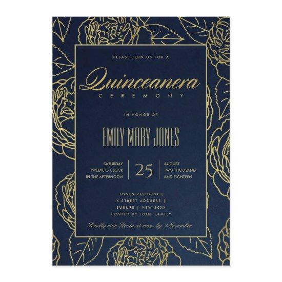 LUXE NAVY GOLD ELEGANT ROSE FLORAL QUINCEANERA