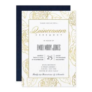 LUXE NAVY GOLD ELEGANT ROSE FLORAL QUINCEANERA