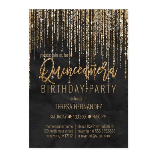 Luxury Black Gold Glitter Pearl Marble Quinceañera
