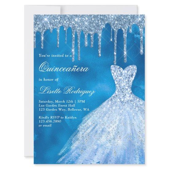 Luxury Blue Glitter Drips Quinceanera