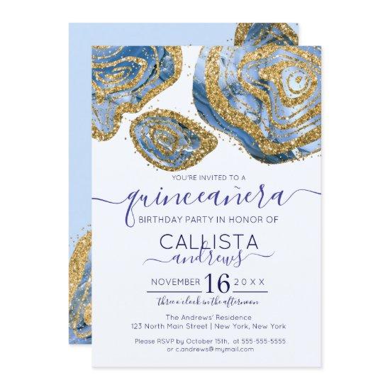 Luxury Blue Gold Marble Agate Glitter Quinceañera