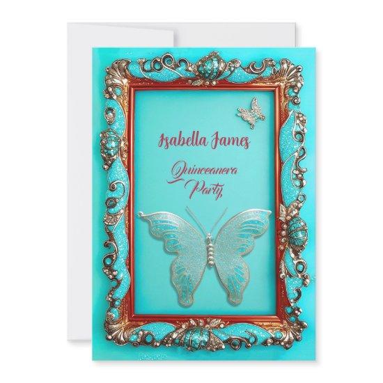 luxury classy gold turquoise Butterfly Quinceanera