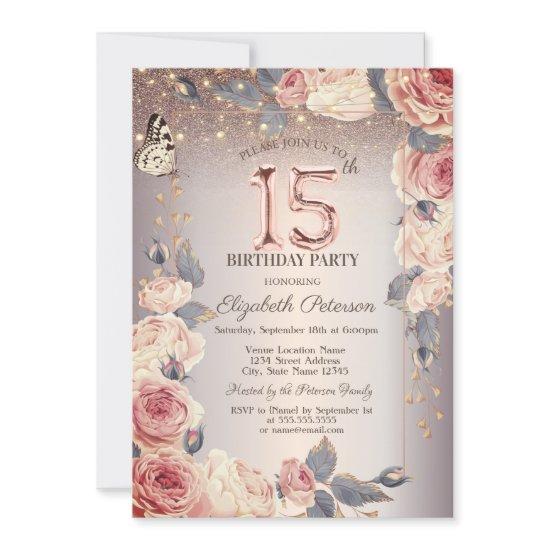 Luxury Floral,Butterfly,Lights 15th Birthday