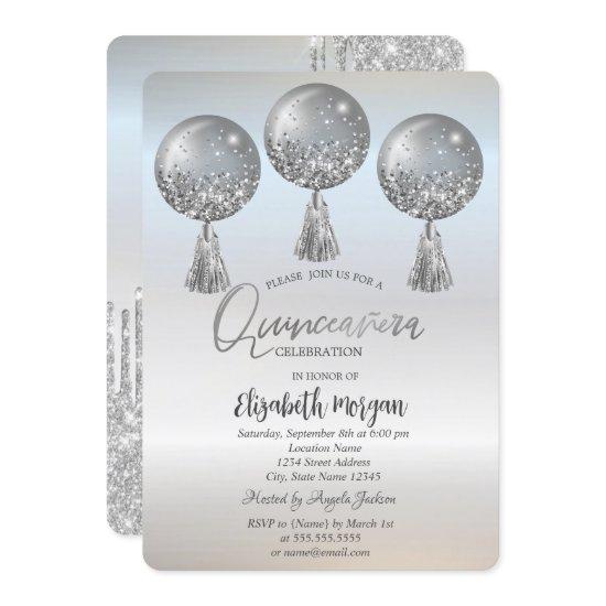 Luxury Glitter Drips Balloons Silver Quinceañera