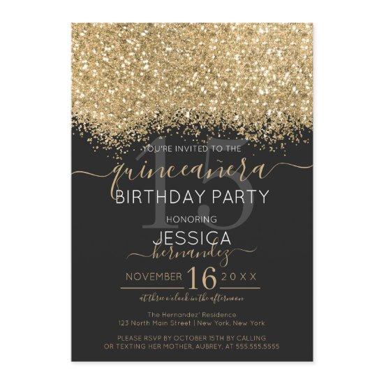 Luxury Gold Black Glitter Confetti Quinceañera