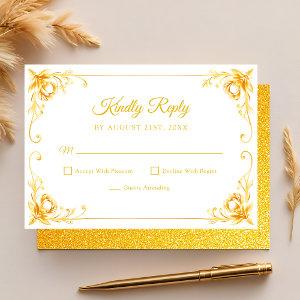 Luxury Golden Floral White and Gold Quinceanera RSVP Card