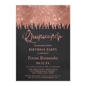 Luxury Rose Gold Black Glitter Pixels Quinceañera
