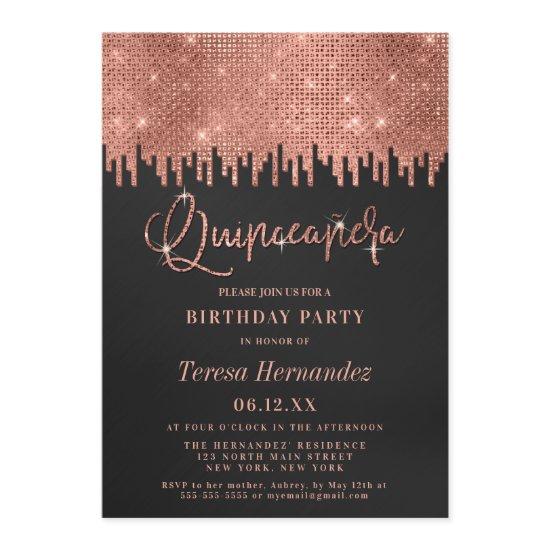 Luxury Rose Gold Black Glitter Pixels Quinceañera