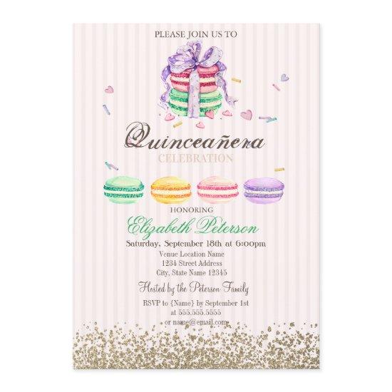 Macarons Faux Gold Diamonds Striped Quinceañera