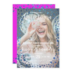 Magenta Blue Glitter Confetti Photo Quinceañera