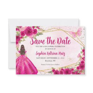 Magenta Hot Pink Gold Floral Princess Quinceañera Save The Date