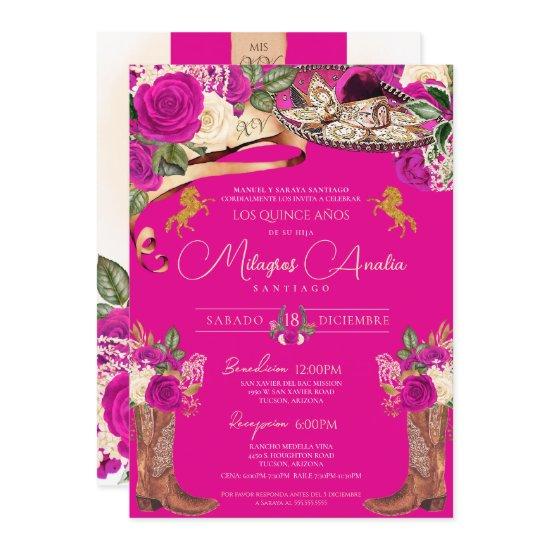 Magenta Hot Pink Roses Fancy Charro Quinceañera