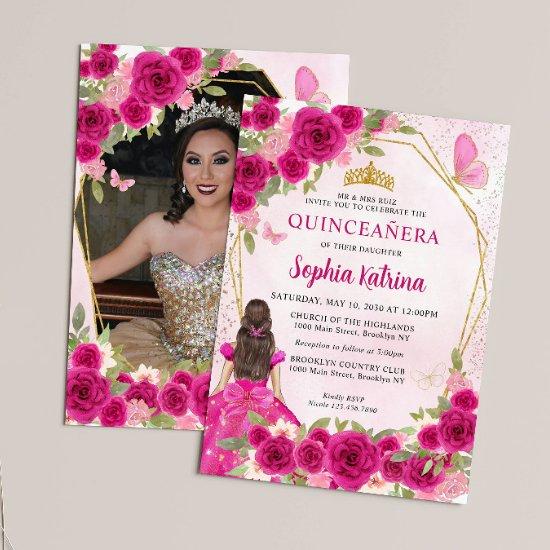 Magenta Pink Floral Princess Quinceañera Photo