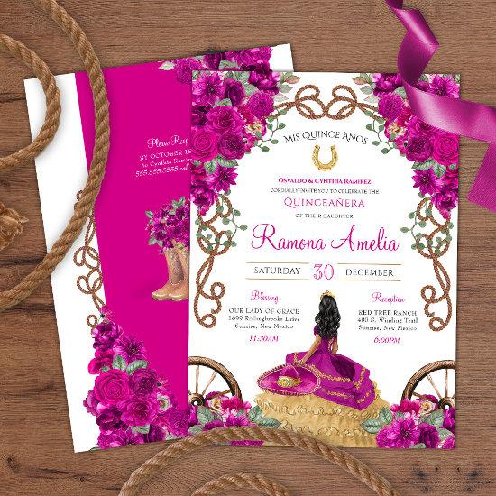 Magenta Pink Floral Western Charra Quinceañera