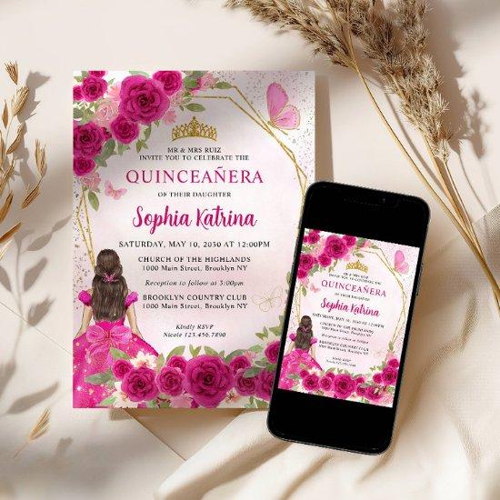 Magenta Pink Glam Gold Floral Princess Quinceañera