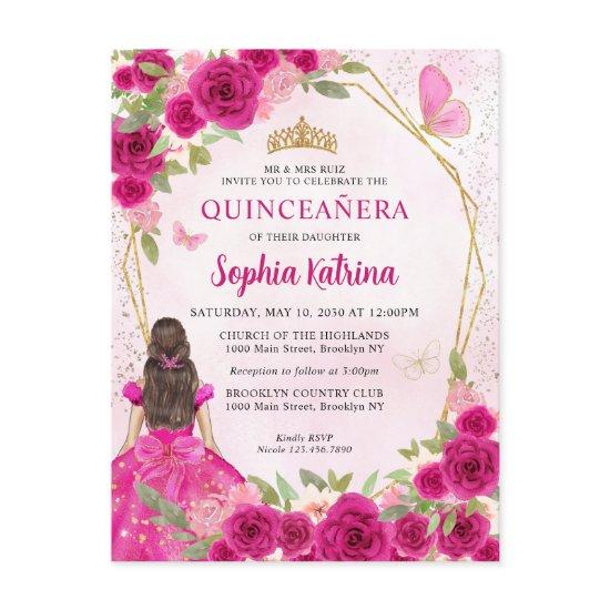 Magenta Pink Glam Gold Floral Princess Quinceañera  Postcard