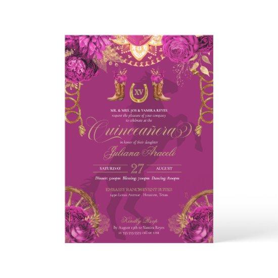 Magenta Pink Gold Roses Elegant Charro Quinceanera