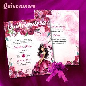Magenta Pink Quinceanera Dress Floral Butterflies