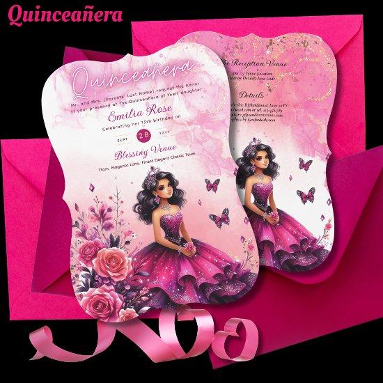 Magenta Pink Quinceanera Dress Floral Butterflies