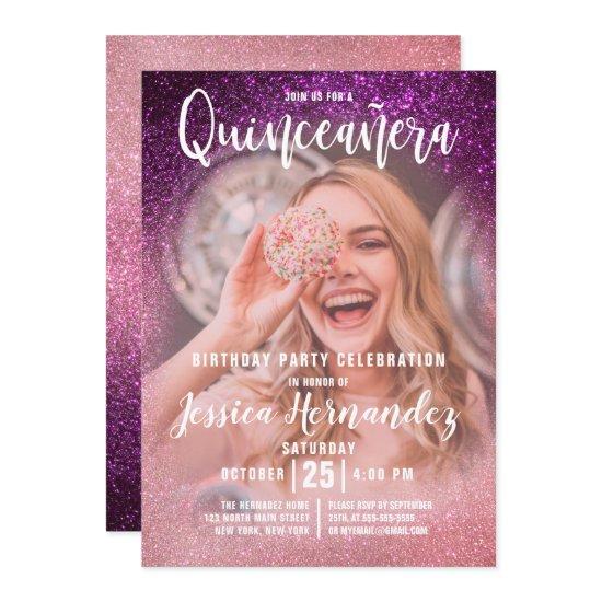 Magenta Pink Triple Glitter Photo Quinceañera