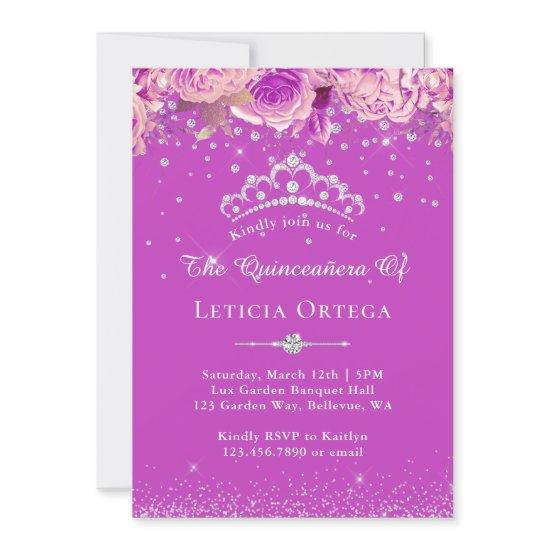 Magenta Purple Floral Diamond Tiara Quinceanera