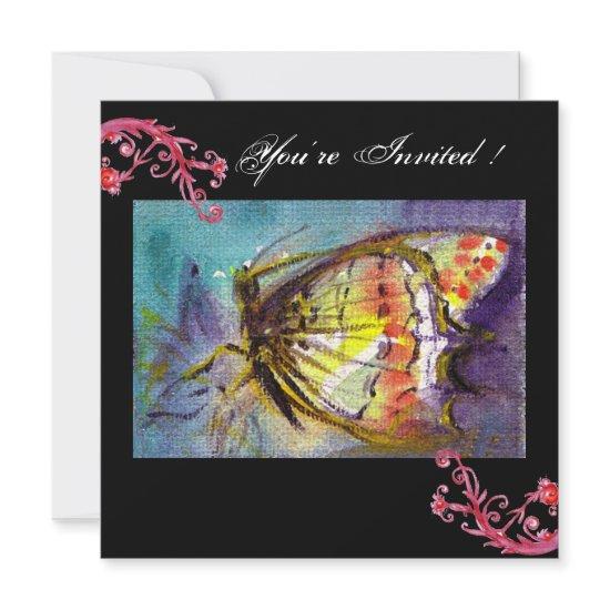MAGIC BUTTERFLY WITH RED FLORAL SWIRLS ,black blue