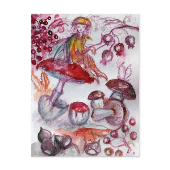 MAGIC FOLLET OF MUSHROOMS Red White Floral Fantasy Postcard