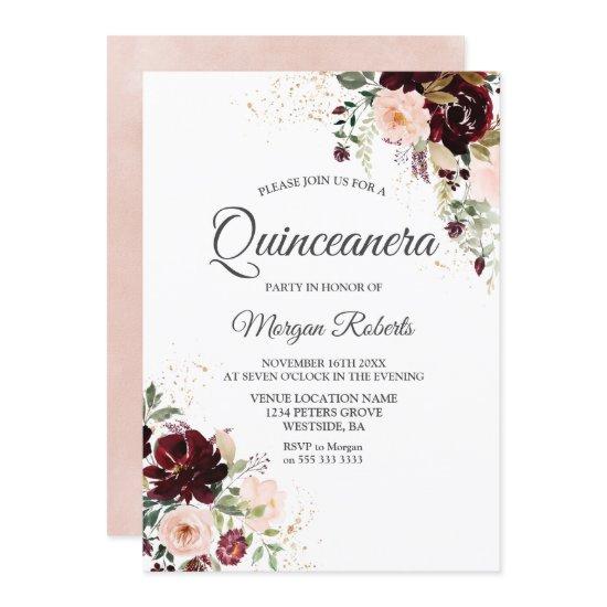 Magical Burgundy Blush Red Wine Floral Quinceanera