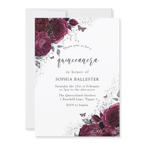 Magical Burgundy Roses Silver Elegant Quinceanera