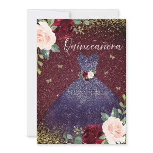 Magical Navy Dress Burgundy Red Floral Quinceanera