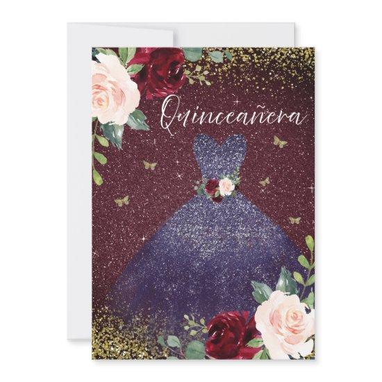 Magical Navy Dress Burgundy Red Floral Quinceanera
