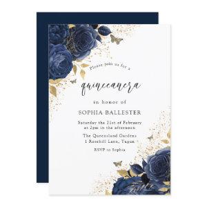 Magical Navy Indigo Blue Roses & Gold Quinceanera