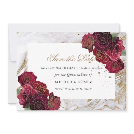 Marble Red Roses Quinceañera save the date