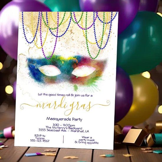 Mardi Gras Rainbow Watercolor Masquerade Party