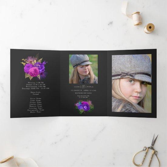 Mardi Gras Watercolor Floral Quinceañera Photo Tri-Fold