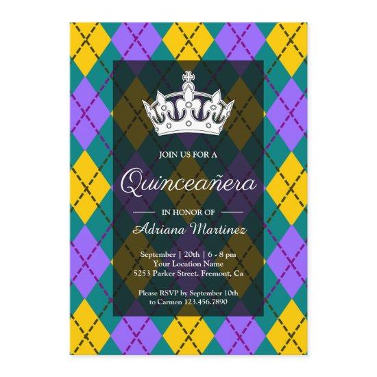 Mardi Gras Yellow Purple Argyle Crown Quinceanera