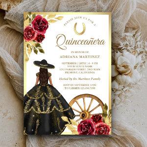 Maroon Floral Black Dress Charro Gold Quinceanera
