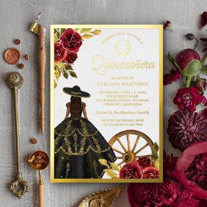 Maroon Floral Black Dress Charro Quinceanera Gold Foil