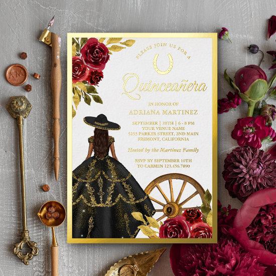 Maroon Floral Black Dress Charro Quinceanera Gold Foil