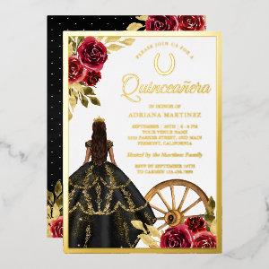 Maroon Floral Black Dress Tiara Quinceanera Gold Foil