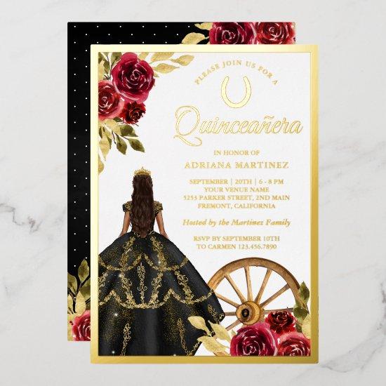 Maroon Floral Black Dress Tiara Quinceanera Gold Foil