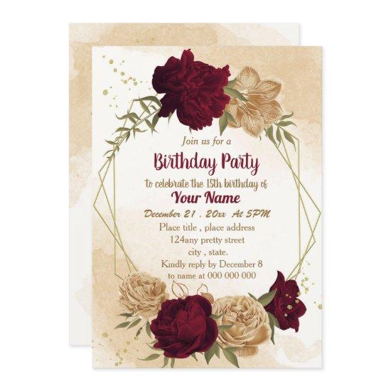 Maroon green beige gold botanical birthday