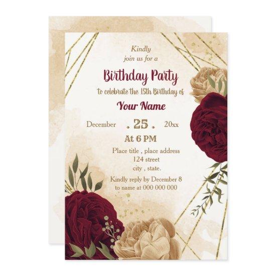 Maroon green beige gold botanical birthday