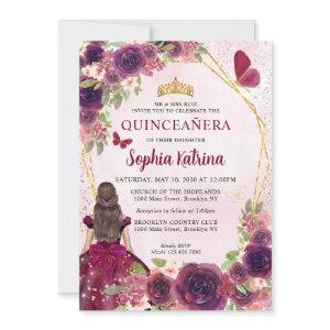 Maroon Plum Red Gold Floral Princess Quinceañera