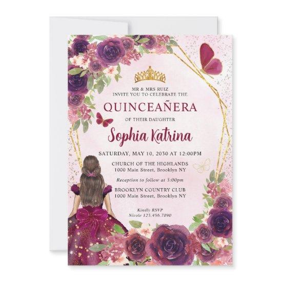 Maroon Plum Red Gold Floral Princess Quinceañera